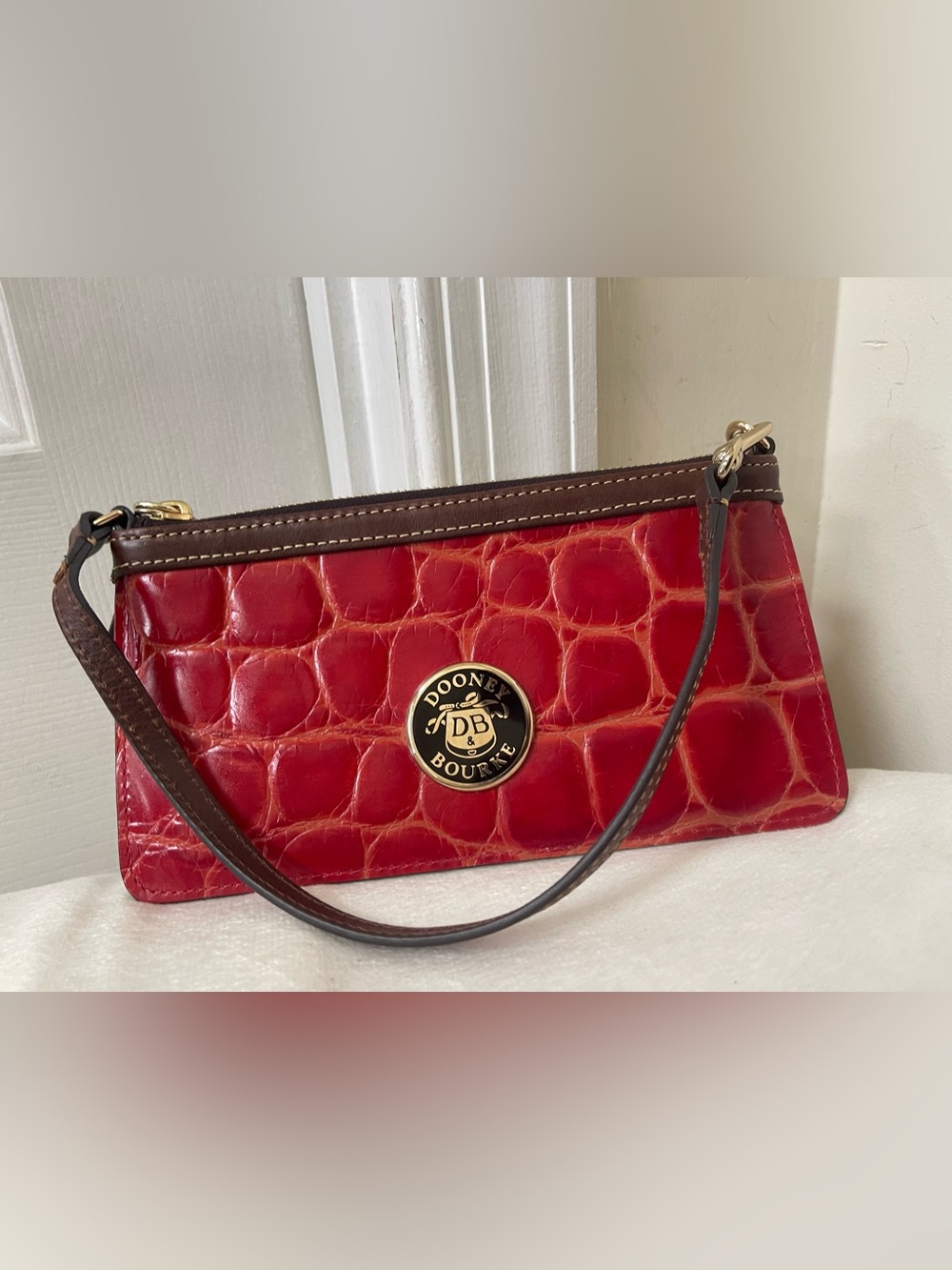Dooney & Bourke Red Croc-Embossed Leather Wristlet with Brown Trim
